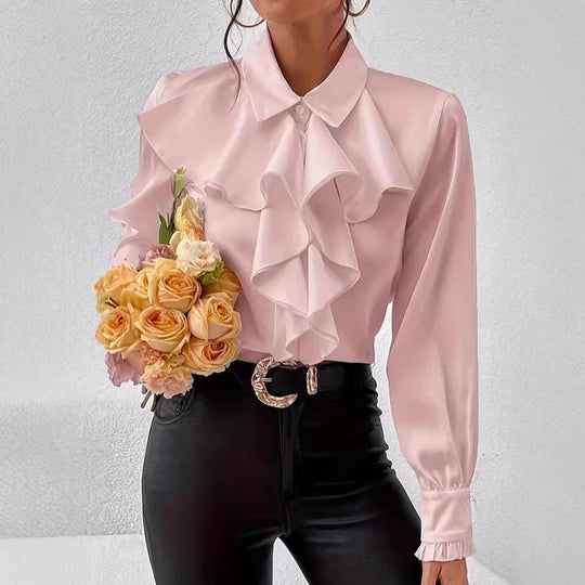Damen Elegante Rüschenbluse mit Volants, Hemdkragen und Manschetten EB
