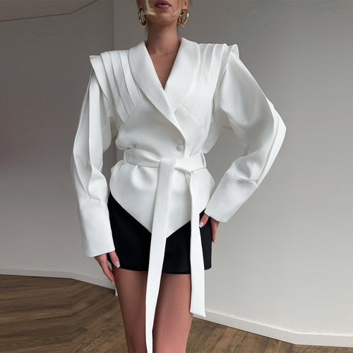 Damen Couture Blazer mit elegantem Kragen und Taillengürtel EB