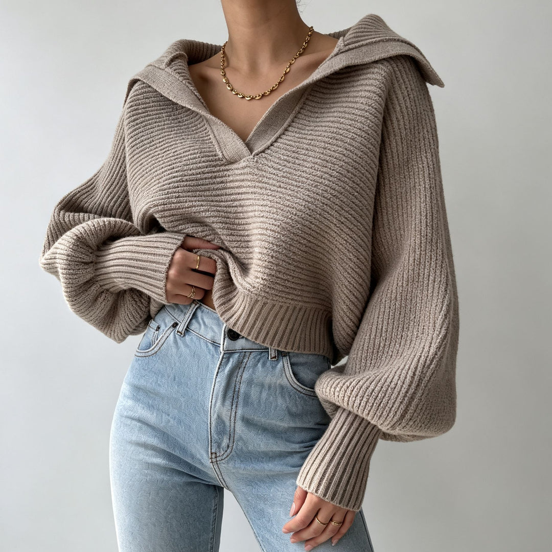 Damen Oversize-Strickpullover mit Matrosenkragen und tiefem V-Ausschnitt EB