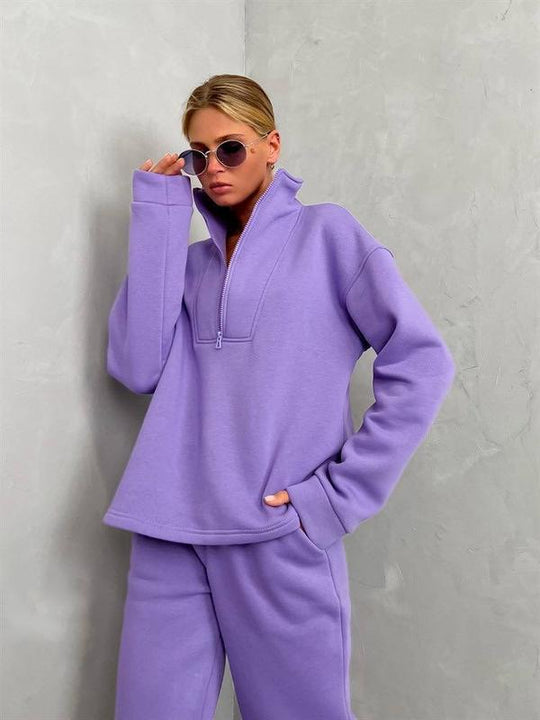 Damen nan weiches Oversize-Halbzip-Loungewear-Set mit hohem Stehkragen und taillierter Jogginghose EB