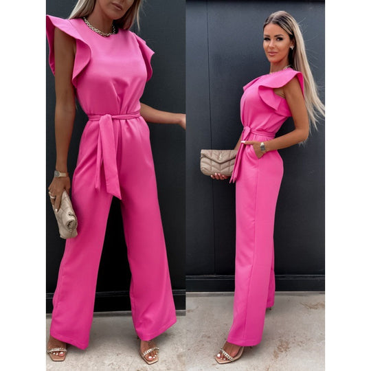 Frauen Fließender Weitbeiniger Jumpsuit mit Rüsche Ärmel EB
