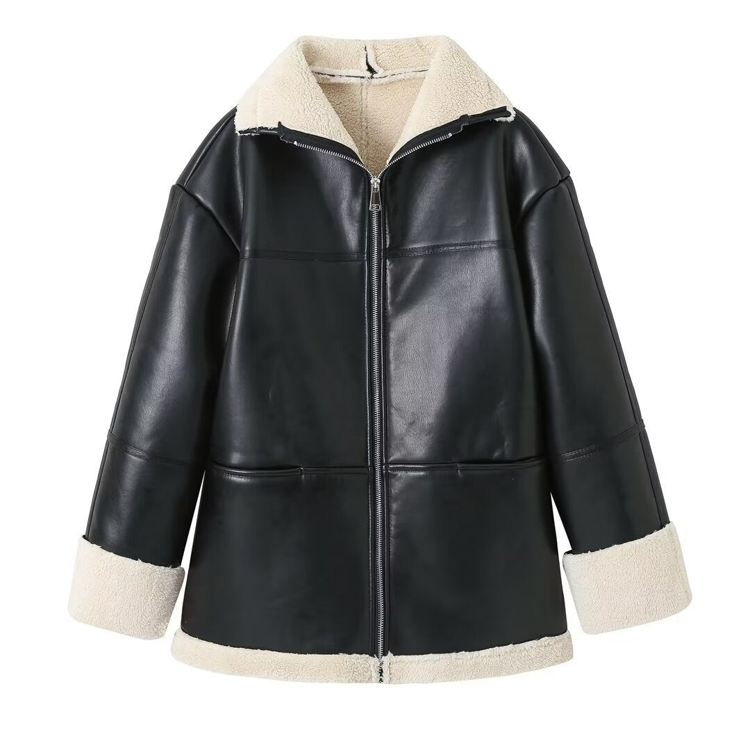 Damen Kunstlederjacke mit Teddyfutter EB