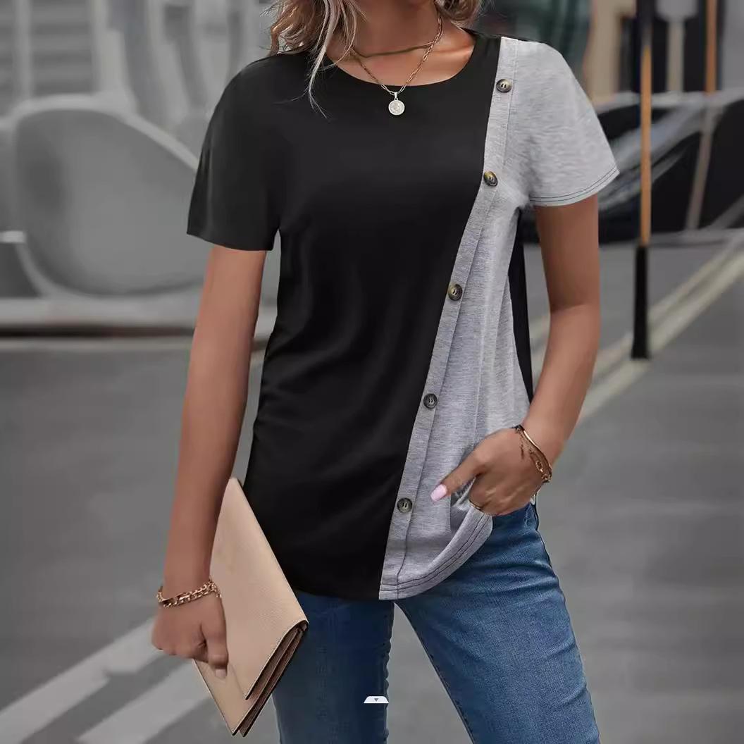Damen kurzärmliges T-Shirt mit asymmetrischem Design und Knopfdetails EB