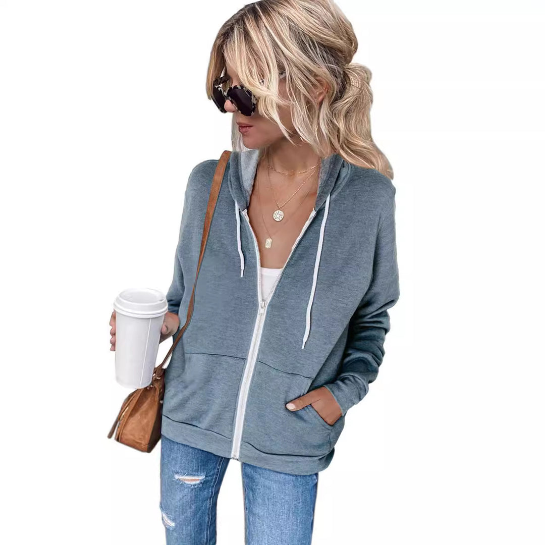 Damen bequemer Kapuzenpullover mit Reißverschluss und seitlichen Taschen EB