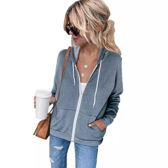 Damen bequemer Kapuzenpullover mit Reißverschluss und seitlichen Taschen EB