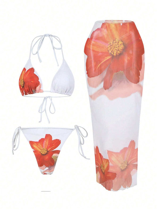 Damen Triangel-Bikini-Set mit floralen Mustern und transparentem Maxirock EB
