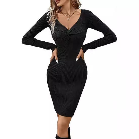 Damen elegantes Midikleid mit V-Ausschnitt und strukturiertem Rippdesign EB