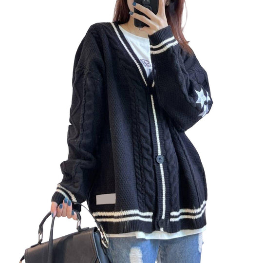 Damen nan oversized Zopfmuster-Cardigan mit V-Ausschnitt, Knopfleiste und Sternapplikationen EB