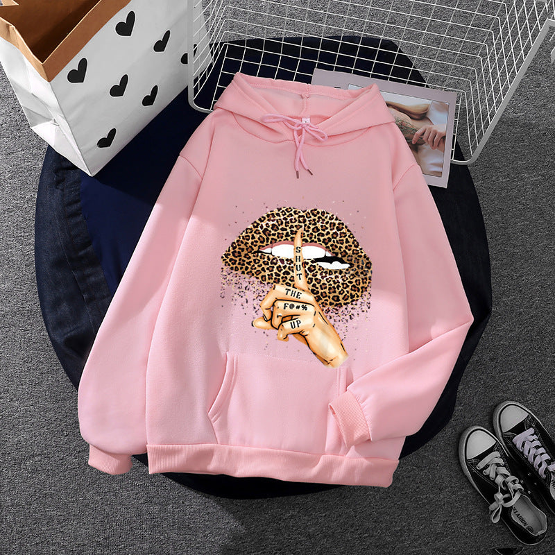 Damen nan oversized Fleece-Hoodie mit Leoparden-Lippen-Motiv, Kängurutasche und gerippten Bündchen EB