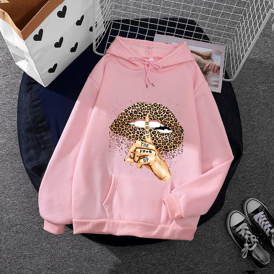 Damen nan oversized Fleece-Hoodie mit Leoparden-Lippen-Motiv, Kängurutasche und gerippten Bündchen EB