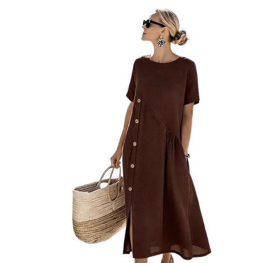 Damen Luftiges Sommerkleid mit seitlicher Knopfleiste, kurzen Ärmeln und Schlitz EB
