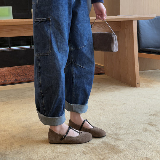 Damen Elegante Ballerinas mit modischem Riemchen aus weichem Veloursleder EB