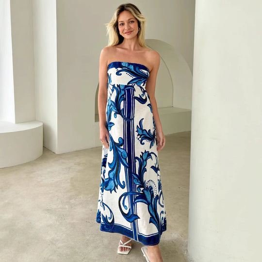 Damen Bandeau Maxikleid mit elegantem floralem Druck und fließendem Schnitt EB