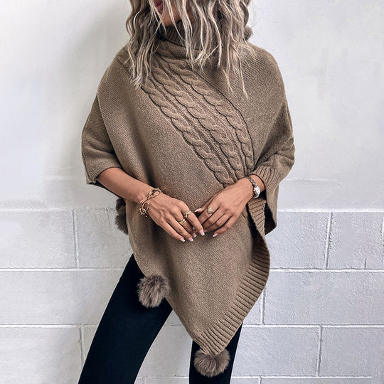 Damen Poncho mit modernem Zopfdesign und einem hohen Kragen EB