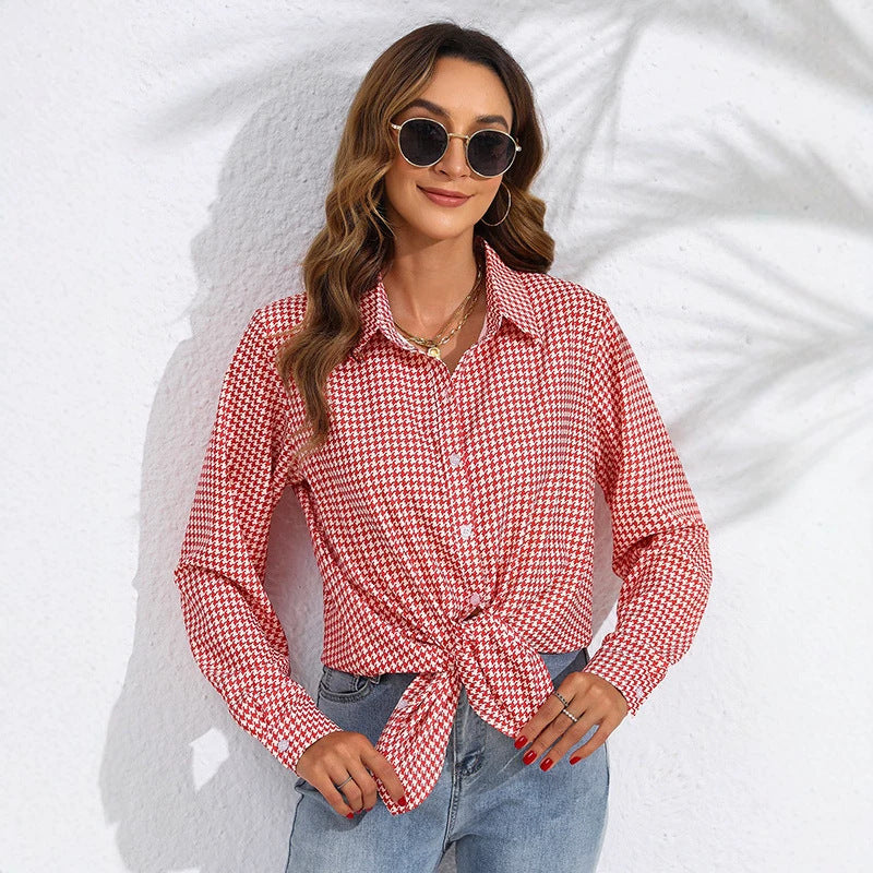 Damen nan geknotete Hahnentritt-Bluse mit Hemdkragen und durchgehender Knopfleiste EB