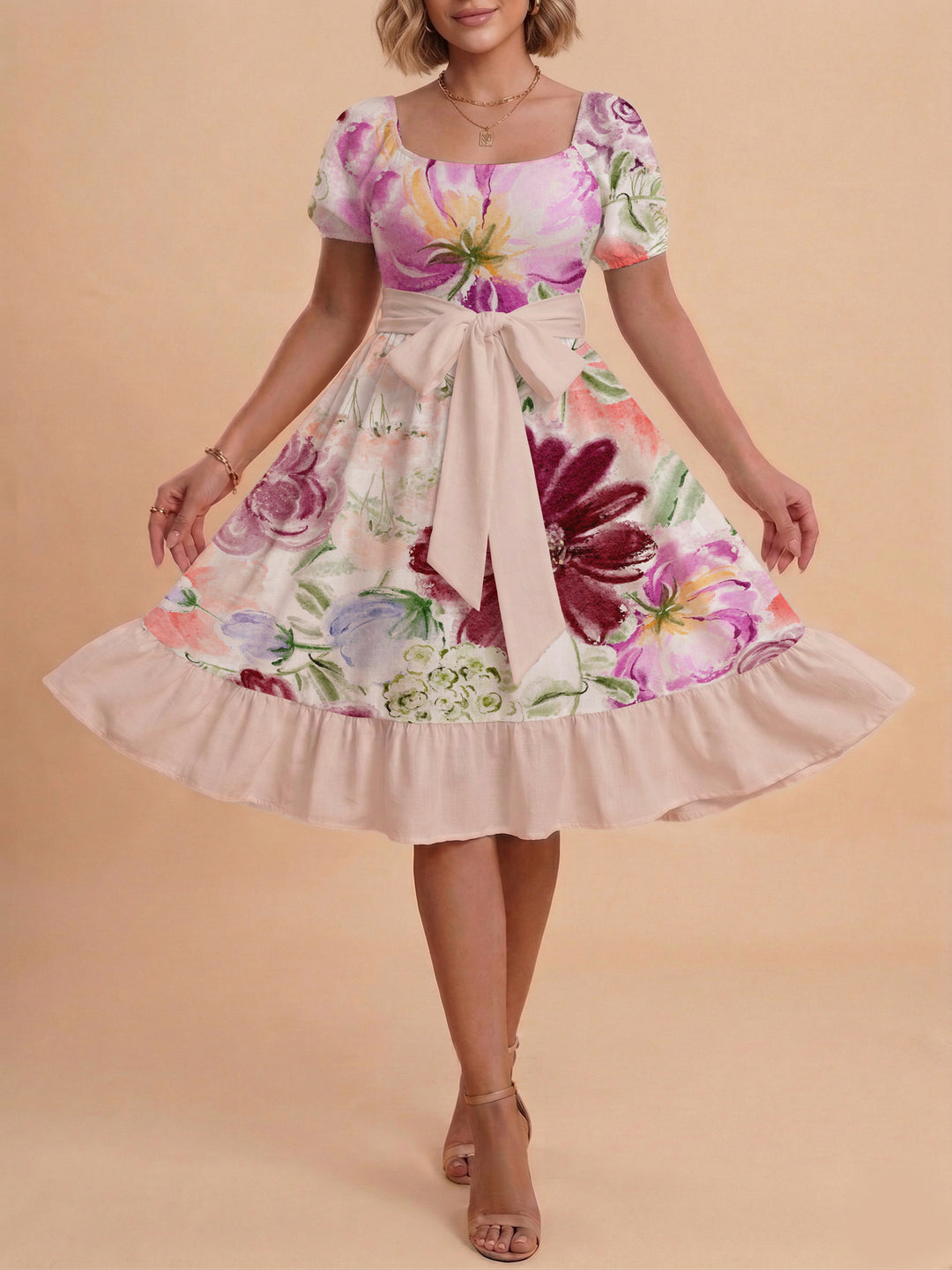 Damen Blumenkleid mit taillierbarem Gürtel und voluminösen Ärmeln EB