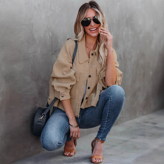 Damen modische Waffelstruktur-Jacke mit praktischen Taschen und leichtem Schnitt EB