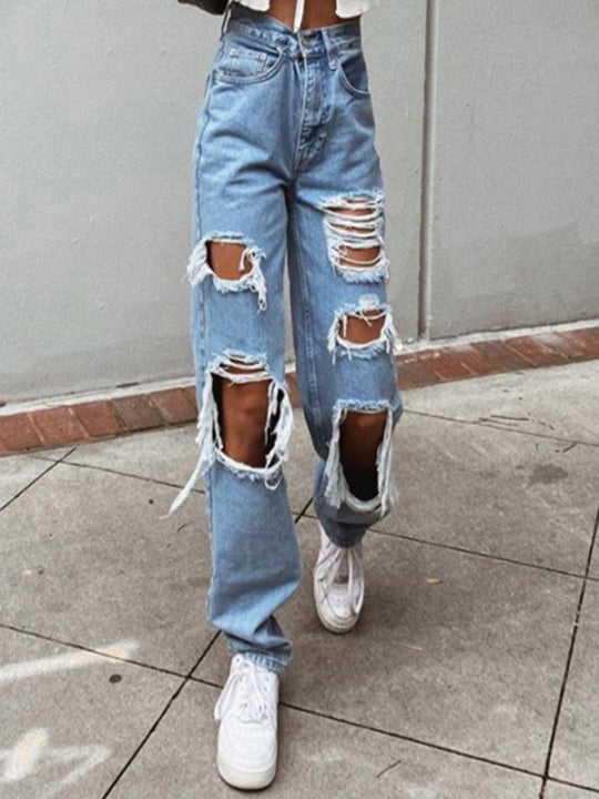 Damen lässige Destroyed Jeans mit weitem Bein EB