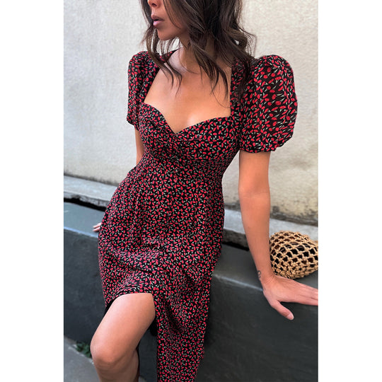 Damen Midi-Kleid mit ballonartigen Ärmeln und aufregendem Muster EB
