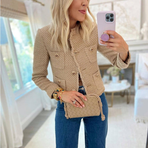 Damen elegante kurz geschnittene Blazerjacke mit strukturiertem Gewebe und goldenen Knopfdetails EB