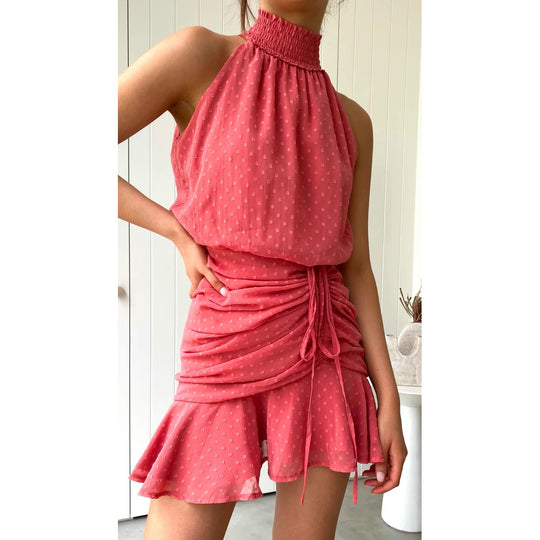 Damen Minikleid mit luxuriösem Kragen, seitlicher Raffung und fließendem Rock EB