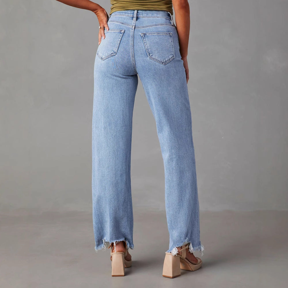 Damen Weit geschnittene Jeans mit fransigem Saum EB
