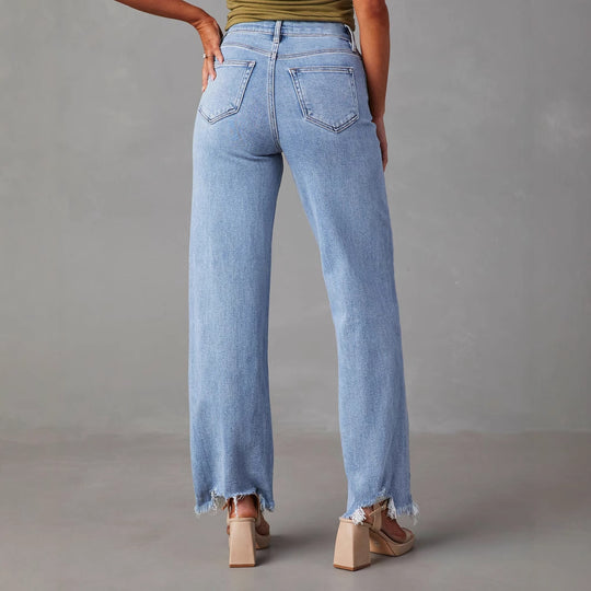 Damen Weit geschnittene Jeans mit fransigem Saum EB