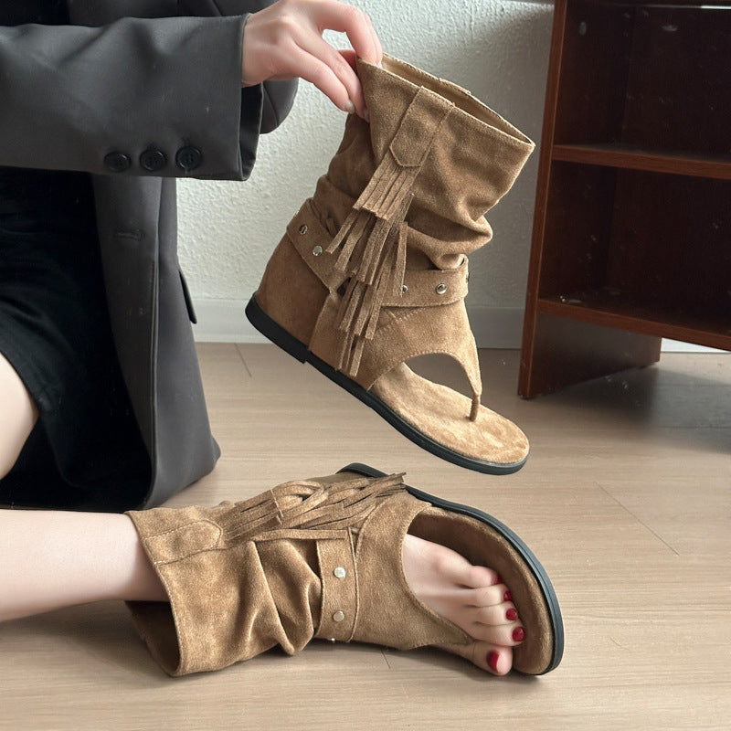 Damen Sandalen mit fransigem Design und modischem Absatz EB