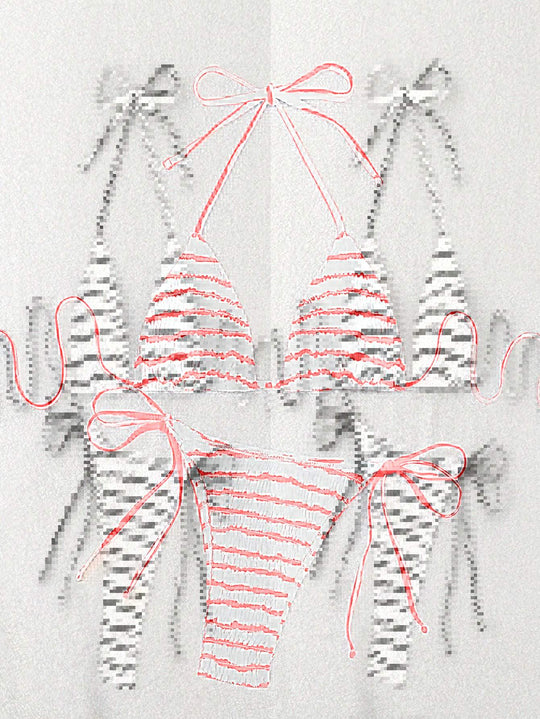 Damen Triangel-Bikini mit feinem Streifenmuster und raffinierten Bindebändern EB