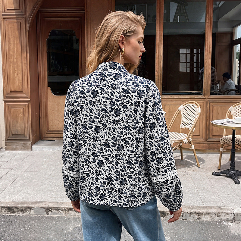 Damen Blumen-Tunika-Bluse mit Bindeschleife, Volantsaum und Spitzen-Details EB