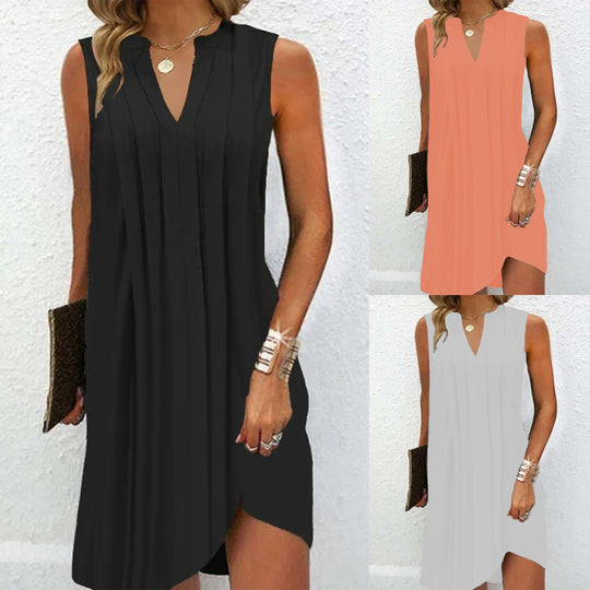Damen elegantes, ärmelloses Kleid mit V-Ausschnitt und asymmetrischem Saum EB
