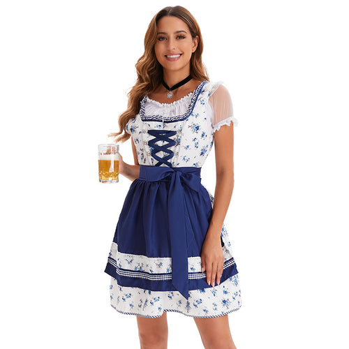 Damen nan kurzes Trachtenkleid im bayerischen Stil mit geschnürtem Mieder, Spitzenkragen und Schürzenrock EB