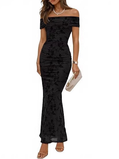 Damen elegantes Off-Shoulder Maxikleid mit floralem Muster und elastischem Einsatz EB
