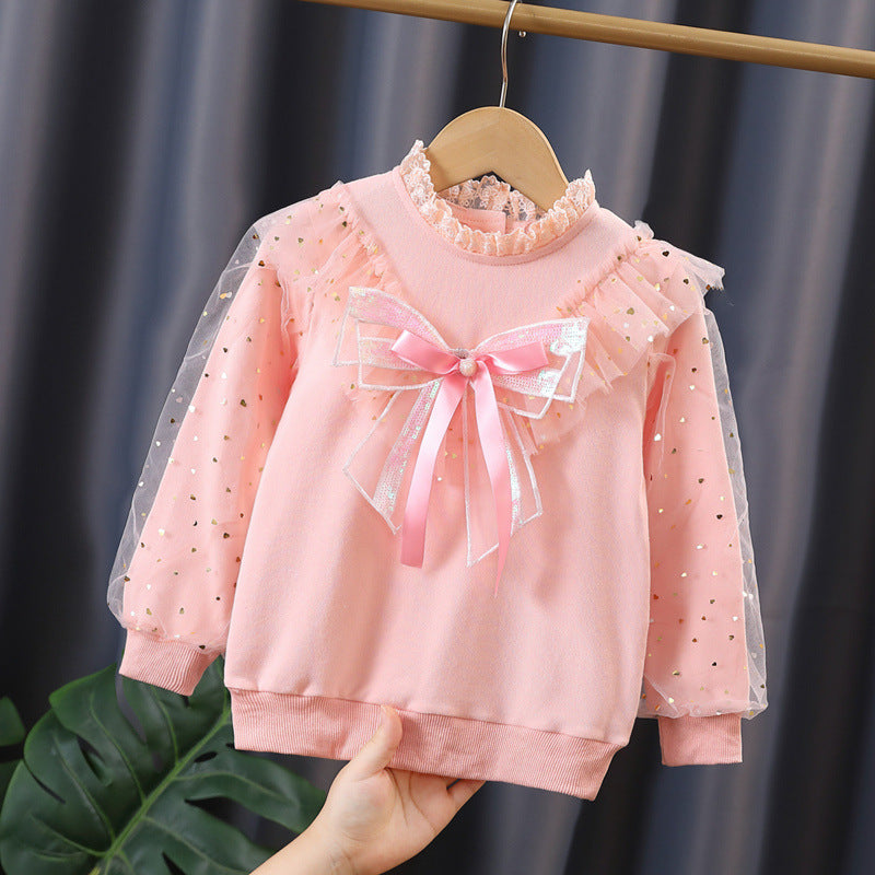 Mädchen modisches Sweatshirt mit dekorativen Tüllärmeln und Schleifendetails EB