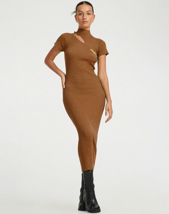 Damen figurbetontes Strickkleid mit asymmetrischem Ausschnitt und hohem Kragen EB