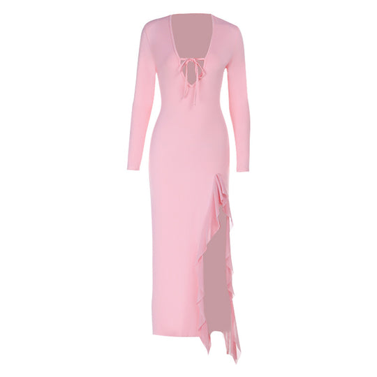 Damen Langarm Maxi Kleid mit tiefem V-Ausschnitt und verspieltem Schlitz EB