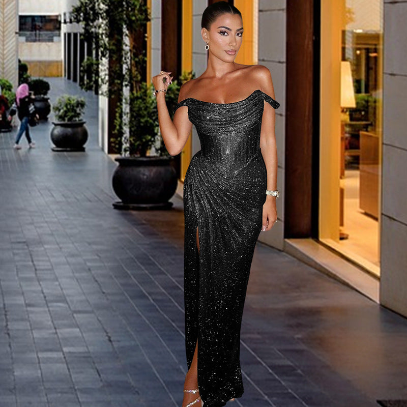 Damen Elegantes Abendkleid mit schimmerndem Schmuckdetail und drapiertem Rock EB