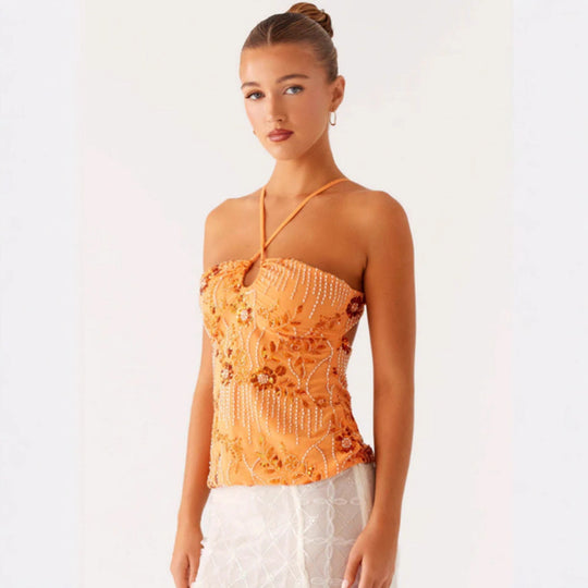 Damen Glitzerndes Bustier-Oberteil mit floralem Design und funkelnden Applikationen EB