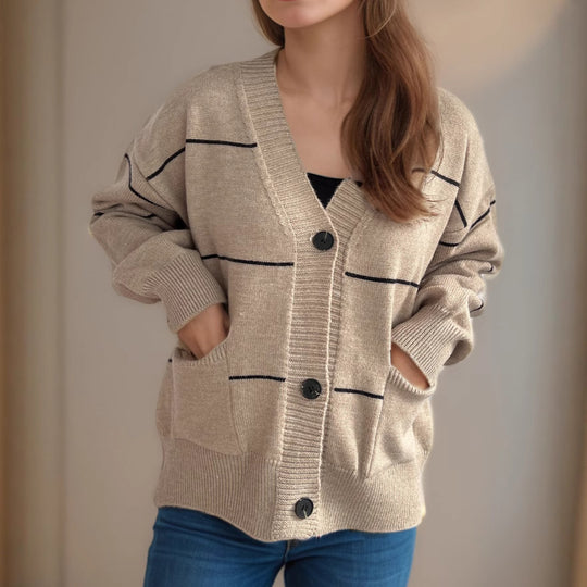 Damen lässige Strickjacke mit praktischen Taschen und modischen Kontraststreifen EB