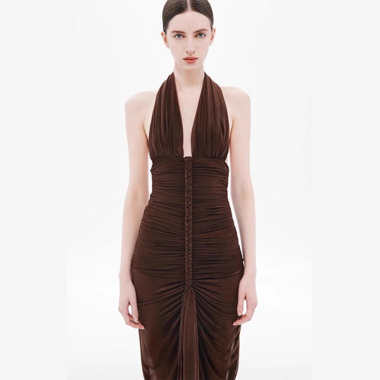 Damen elegantes trägerloses Abendkleid mit raffiniertem Drapé und tiefem Ausschnitt EB
