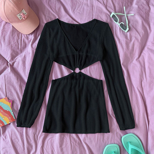 Damen Cut-Out Kleid mit langen Ärmeln und modischem Knoten EB