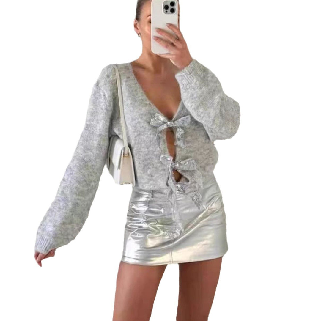 Damen Elegante Strickjacke mit glitzerndem Banddetail EB