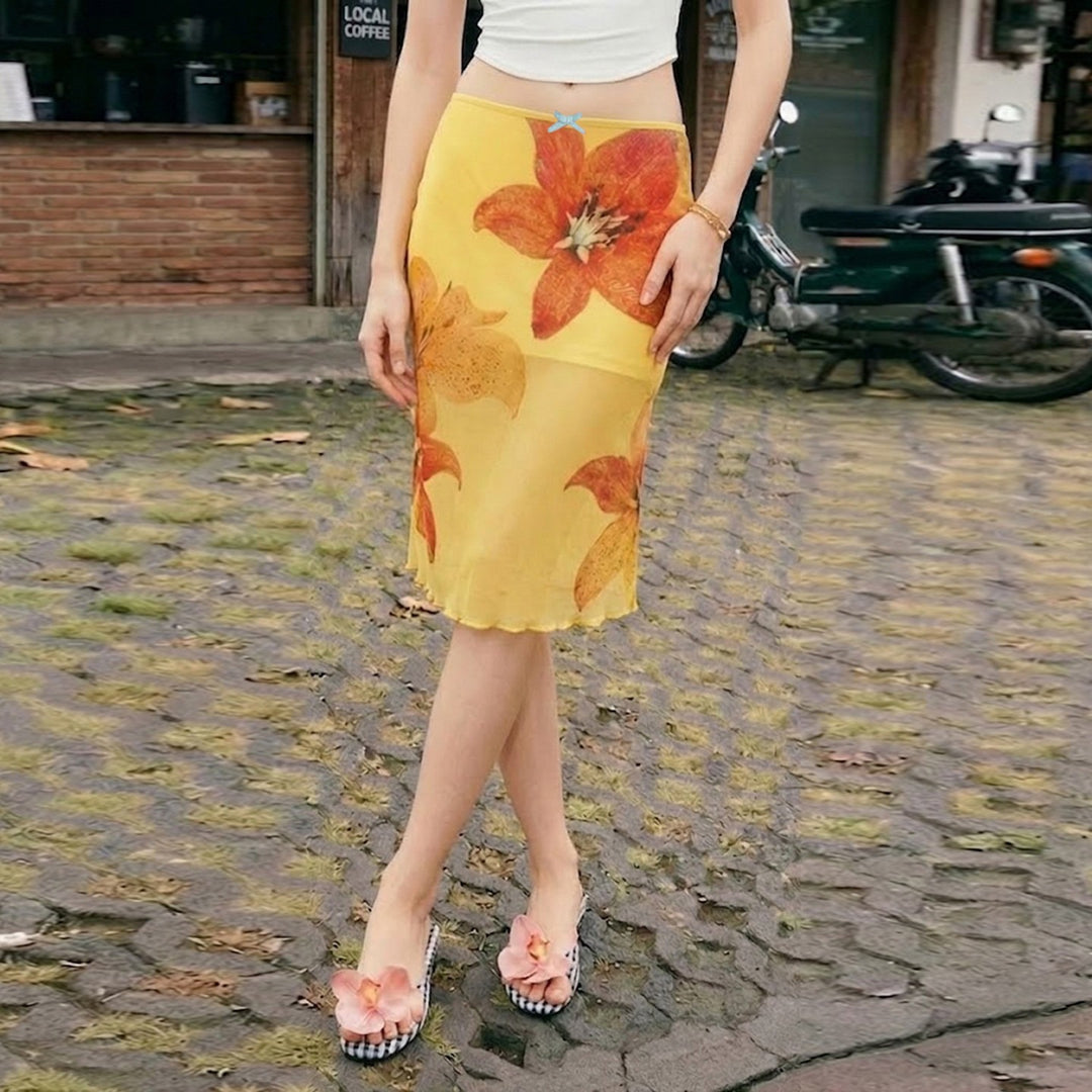 Damen Midi-Rock mit floralem Chiffon und elastischem Bund EB