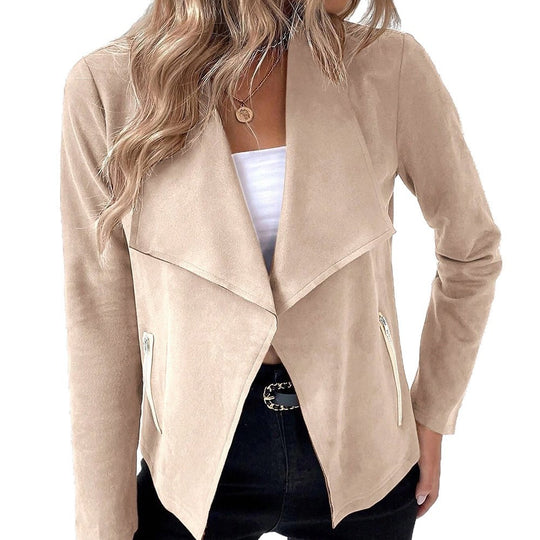 Damen elegante Veloursjacke mit asymmetrischem Revers und Reißverschlusstaschen EB