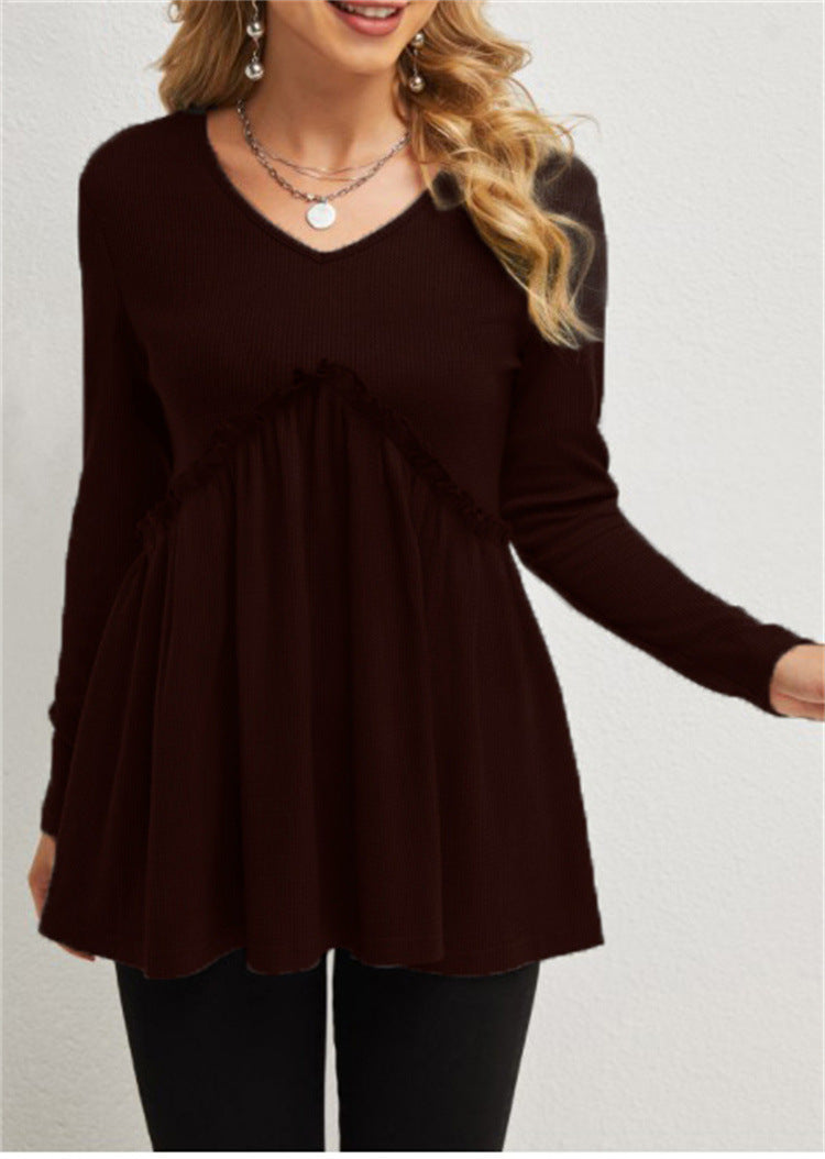Damen V-Ausschnitt Langarmshirt mit Rüschendetail EB