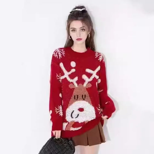 Damen festlicher Strickpullover mit Rentier-Motiv und Schneeflocken EB