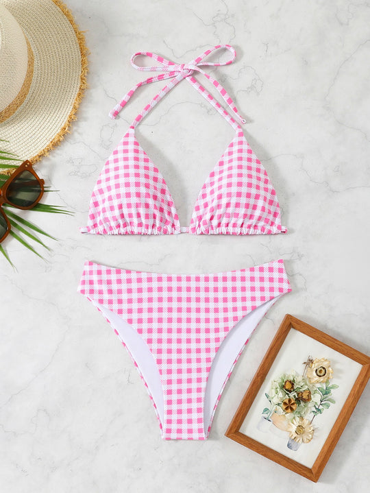 Damen Bikiniset mit floralem Muster und Gingham-Design EB