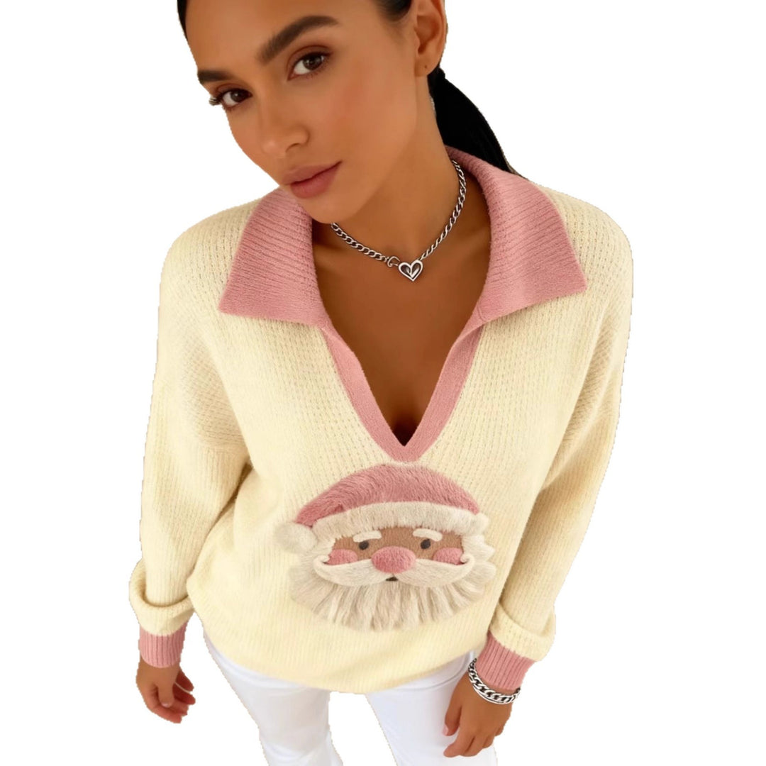 Damen Weicher Strickpullover mit V-Kragen, Polokragen und 3D-Weihnachtsmotiv EB
