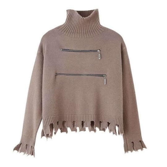 Damen Modischer Strickpullover mit Stehkragen und Reißverschlussdetails EB