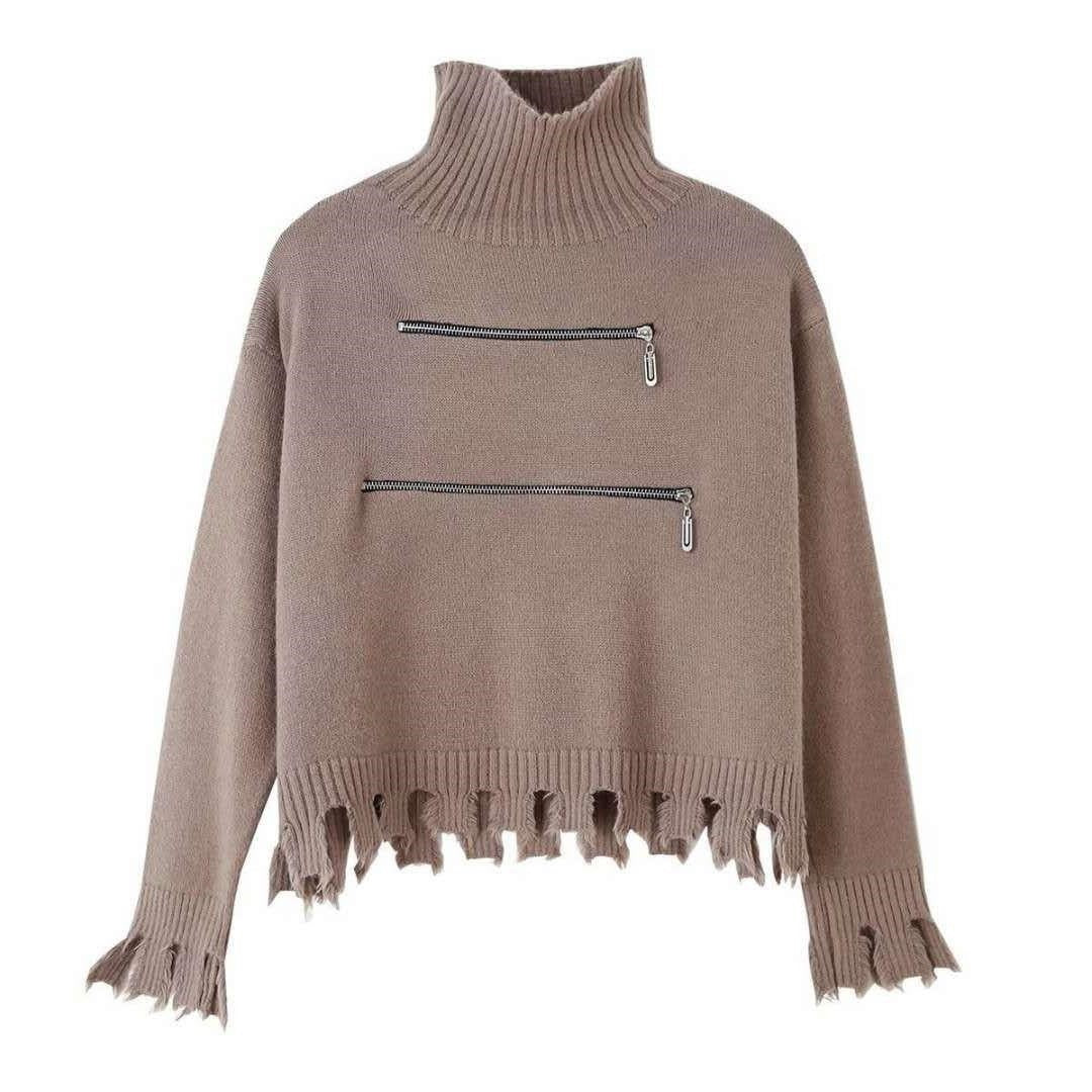 Damen stylischer Stehkragenpullover mit zwei asymmetrischen Reißverschlusstaschen und fransigem Saum EB